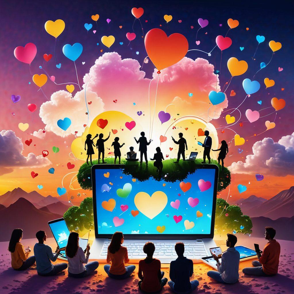 A whimsical digital landscape filled with vibrant colors, depicting diverse people joyfully sharing their happiness through various digital devices like smartphones and laptops. Include floating social media icons and glowing hearts to symbolize positivity and connection. The background should have abstract representations of clouds and sunshine, giving a sense of upliftment and creativity. The overall atmosphere should feel uplifting and engaging. 3D. vibrant colors. playful style.