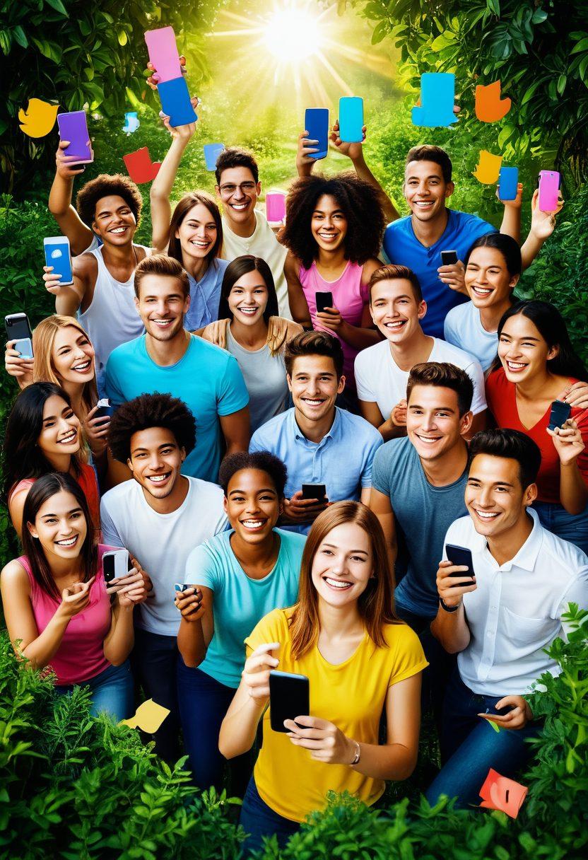 A vibrant and colorful scene depicting a diverse group of people joyfully capturing moments with their smartphones, surrounded by digital icons representing social media platforms, sunshine and nature in the background, and smiles that radiate happiness. super-realistic. bright colors. dynamic composition.