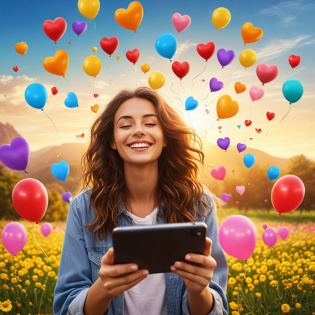 A serene digital landscape where people of diverse backgrounds joyfully share their screens and content, surrounded by vibrant, uplifting symbols of joy like balloons and sunshine. Soft, warm colors fill the scene, portraying a sense of connection and happiness. Bright beams of light emanate from the devices, symbolizing the spread of joyful content. Incorporate elements like social media icons and heart-shaped emojis floating in the air. super-realistic. vibrant colors. soft focus.